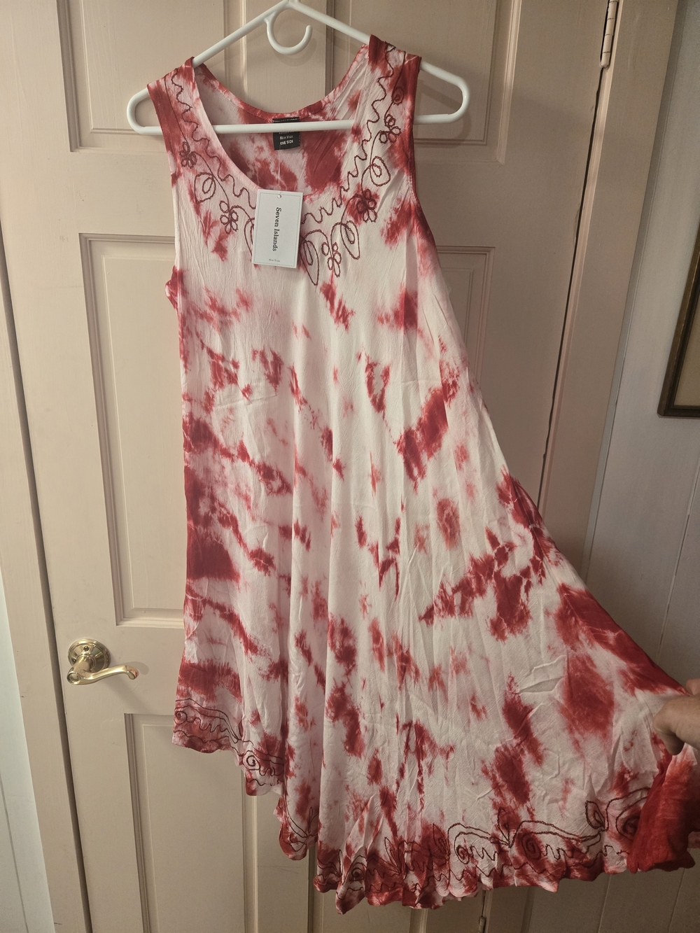 Red & White Tie-Dye Sleeveless Handkerchief Hem Dress